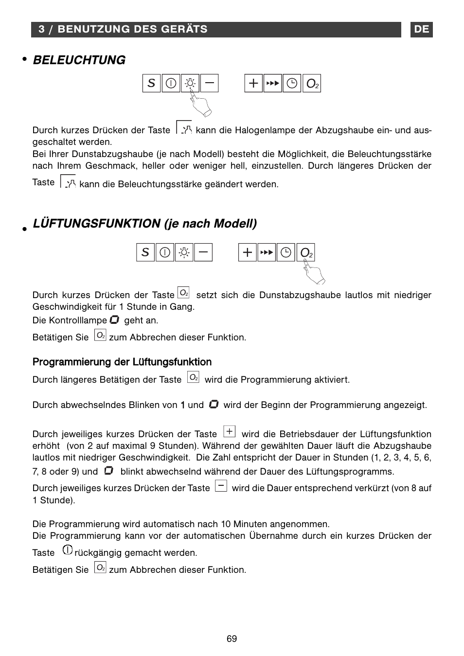 Beleuchtung, Lüftungsfunktion (je nach modell) | Fagor CFB-1000AIX User Manual | Page 69 / 76