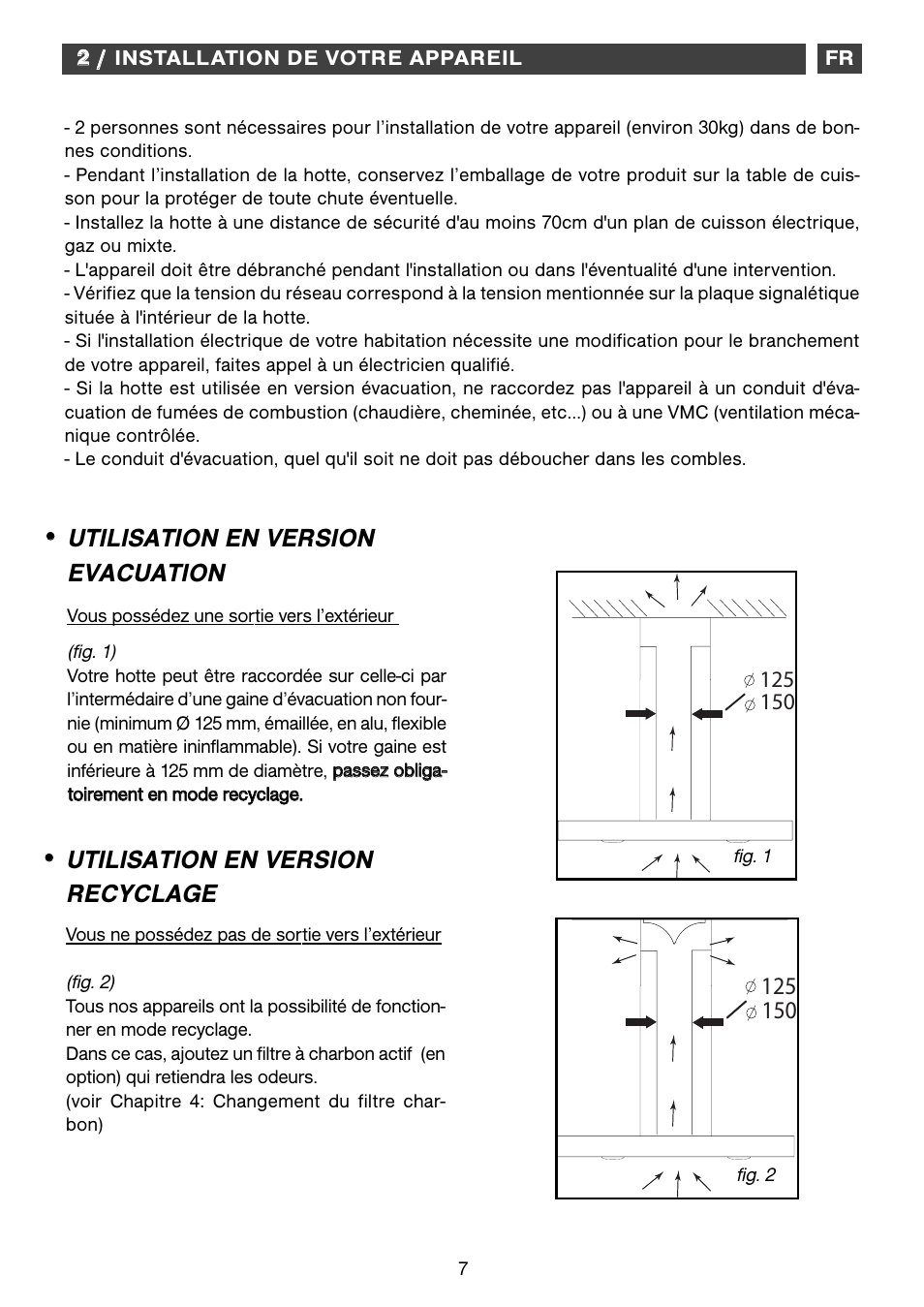 Utilisation en version evacuation, Utilisation en version recyclage | Fagor CFB-1000AIX User Manual | Page 7 / 76