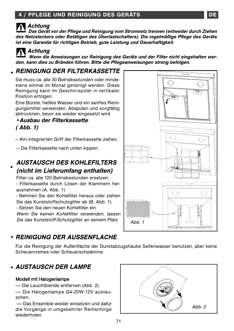 Austausch der lampe, Reinigung der aussenflache, Reinigung der filterkassette | Fagor CFB-1000AIX User Manual | Page 71 / 76