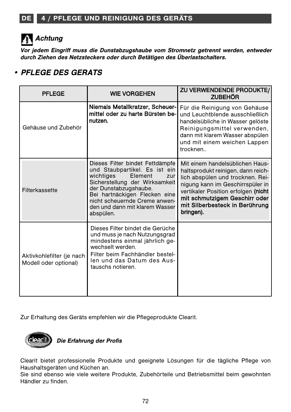 Pflege des gerats, Achtung | Fagor CFB-1000AIX User Manual | Page 72 / 76