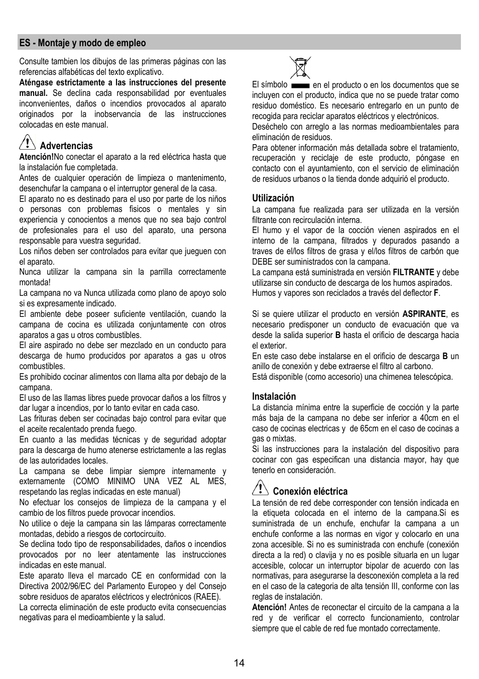 Es - montaje y modo de empleo, Advertencias, Utilización | Instalación, Conexión eléctrica | Fagor 3CFT-MINITILE User Manual | Page 14 / 24