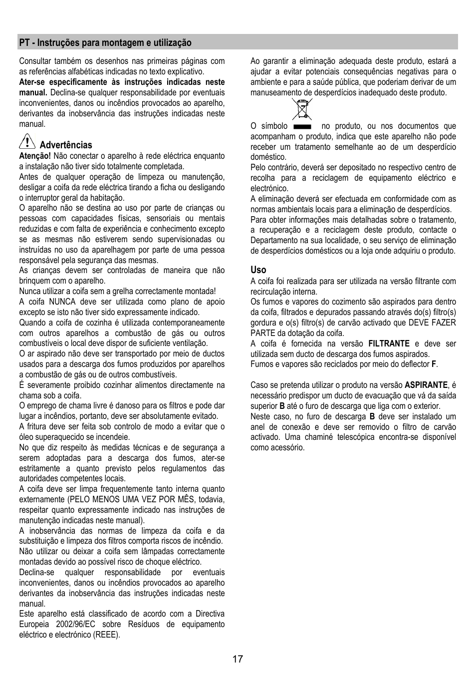 Pt - instruções para montagem e utilização, Advertências | Fagor 3CFT-MINITILE User Manual | Page 17 / 24