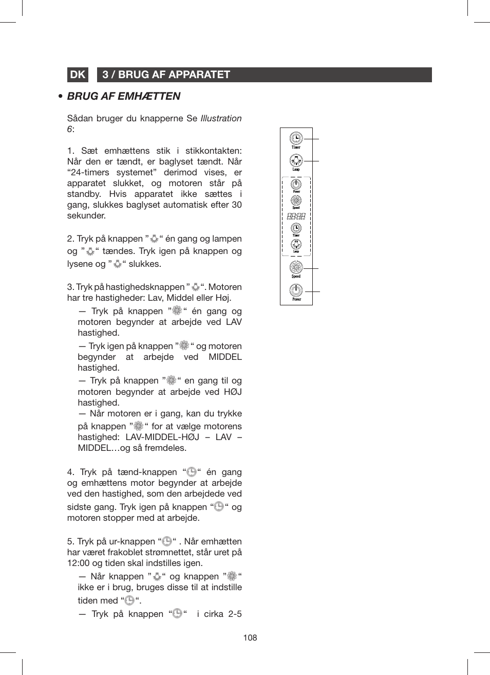 3 / brug af apparatet dk, Brug af emhætten | Fagor 9CFM60N User Manual | Page 108 / 144