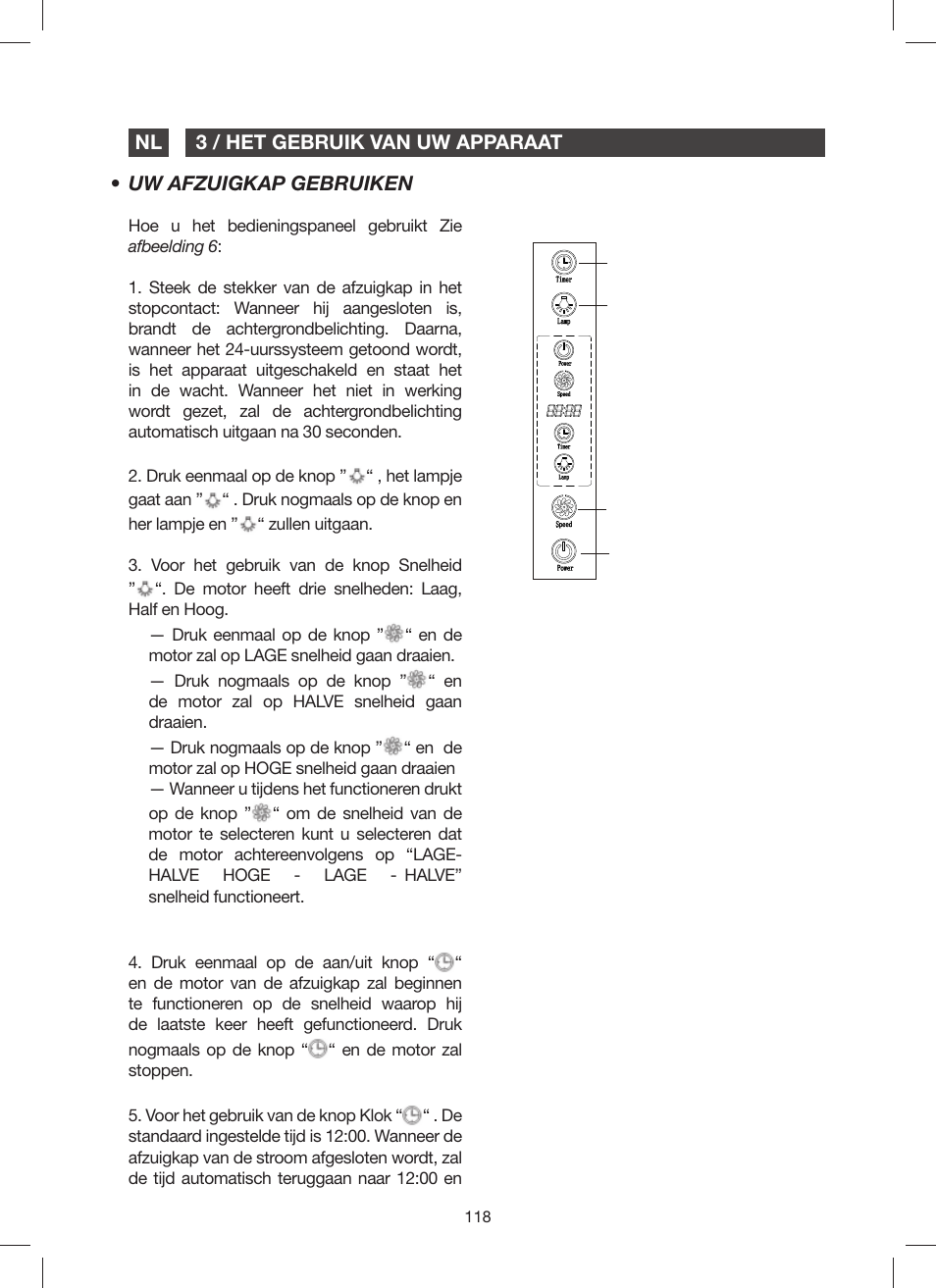 3 / het gebruik van uw apparaat nl, Uw afzuigkap gebruiken | Fagor 9CFM60N User Manual | Page 118 / 144