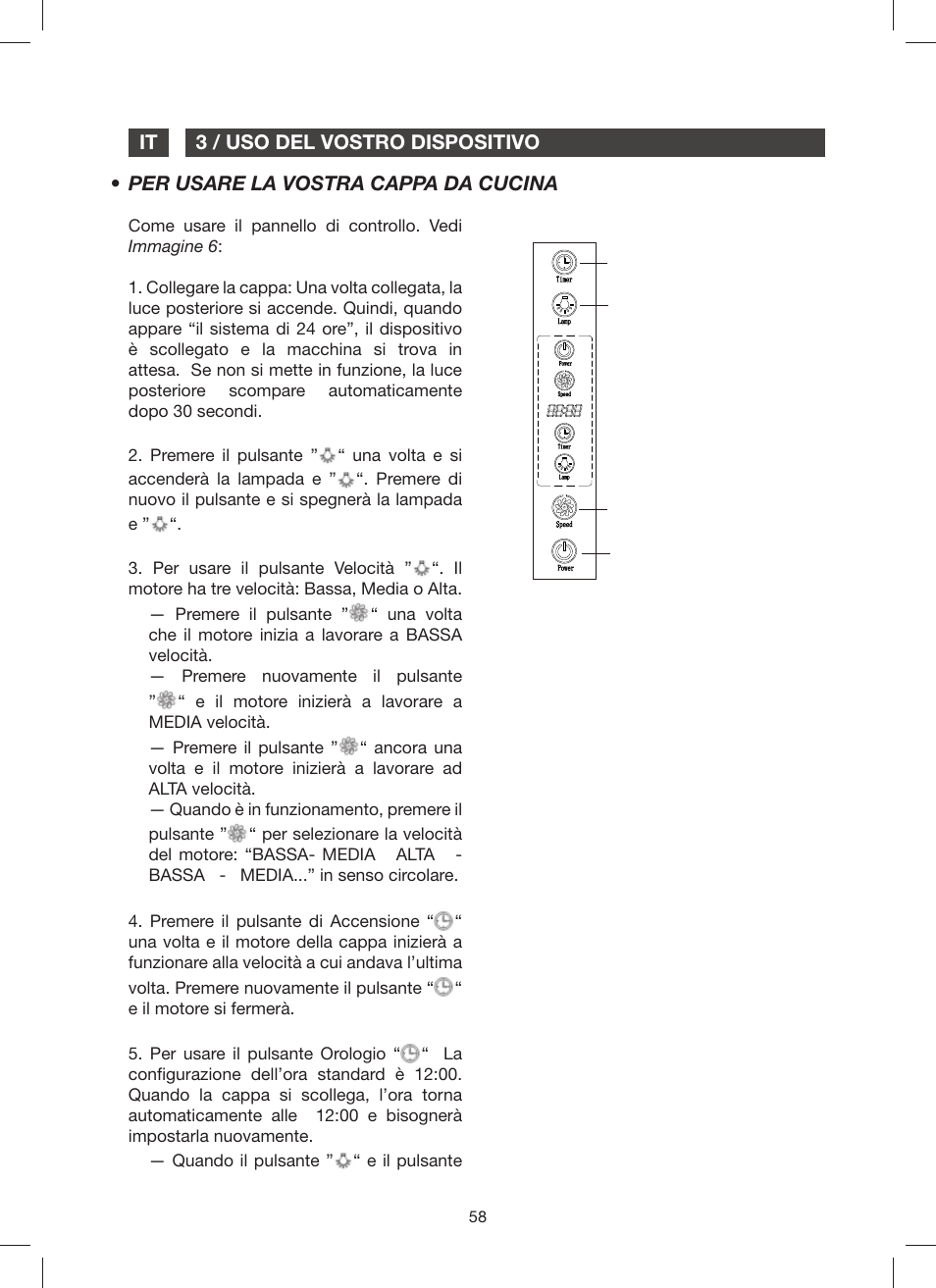 3 / uso del vostro dispositivo it, Per usare la vostra cappa da cucina | Fagor 9CFM60N User Manual | Page 58 / 144