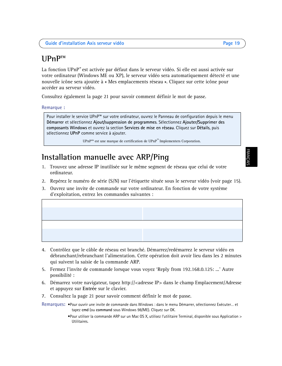 Upnp, Installation manuelle avec arp/ping | Axis Communications Axis Video Server AXIS 242S IV User Manual | Page 19 / 54