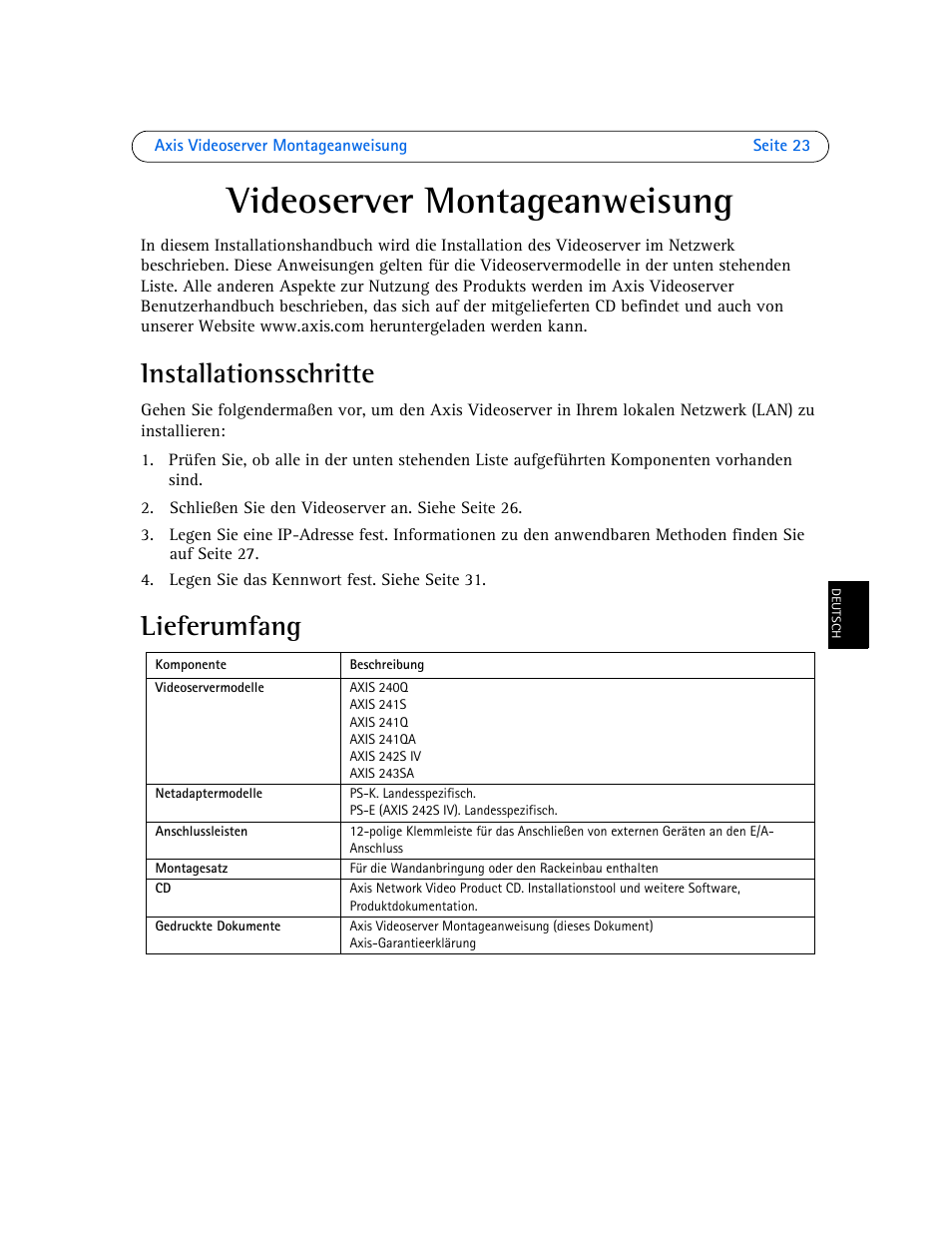 Videoserver montageanweisung, Installationsschritte, Lieferumfang | Axis Communications Axis Video Server AXIS 242S IV User Manual | Page 23 / 54