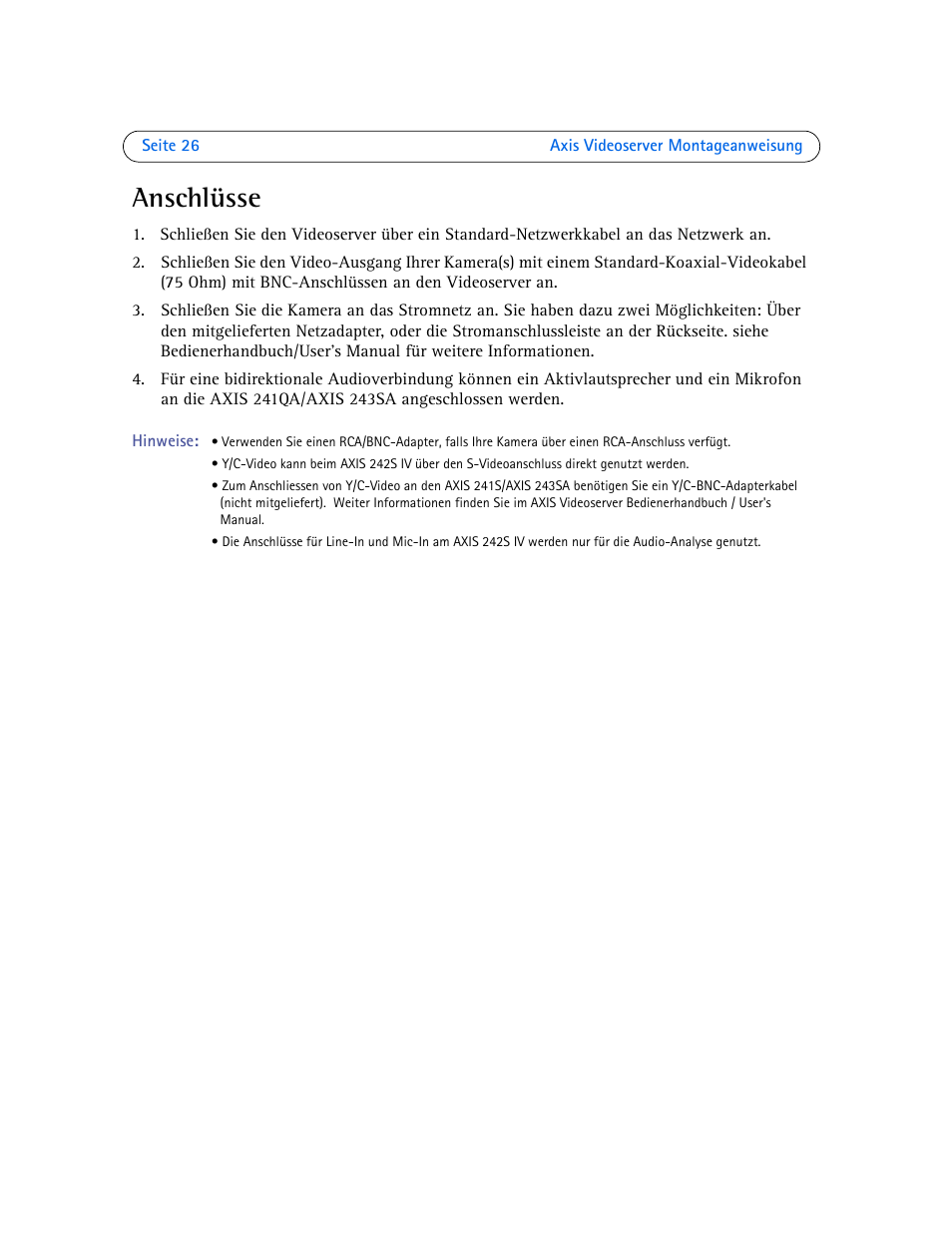 Anschlüsse | Axis Communications Axis Video Server AXIS 242S IV User Manual | Page 26 / 54
