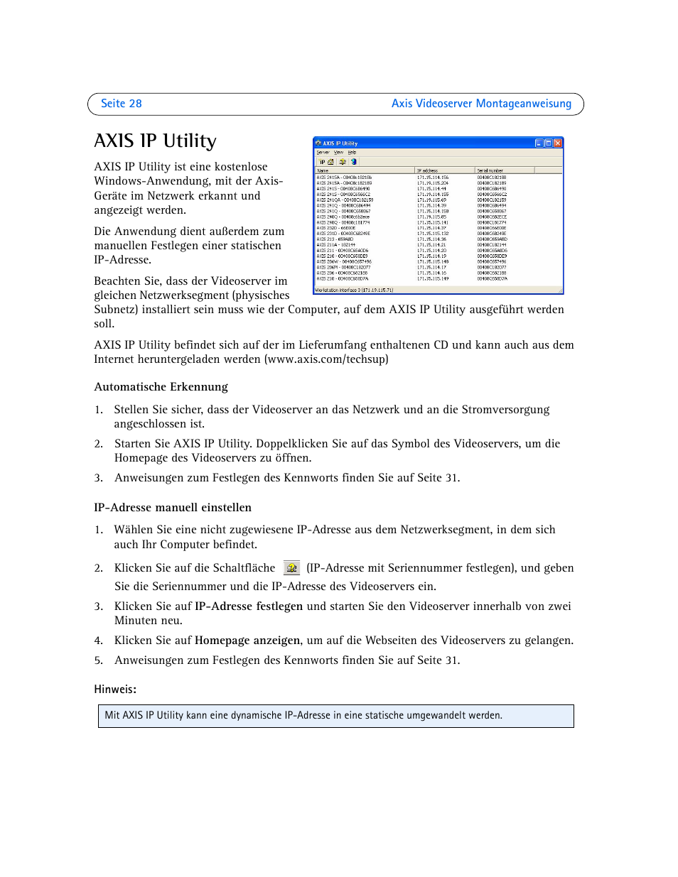 Axis ip utility, E auf seite 28, Siehe seite 28 | Axis Communications Axis Video Server AXIS 242S IV User Manual | Page 28 / 54