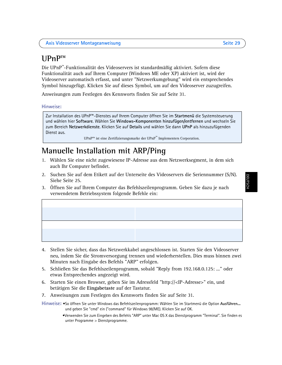 Upnp, Manuelle installation mit arp/ping, Siehe seite 29 | Axis Communications Axis Video Server AXIS 242S IV User Manual | Page 29 / 54