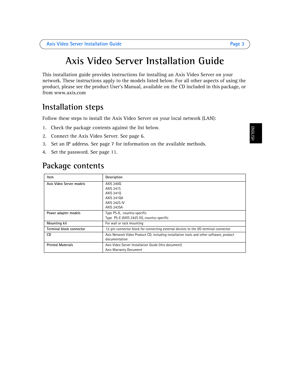 Axis video server installation guide, Installation steps, Package contents | Axis Communications Axis Video Server AXIS 242S IV User Manual | Page 3 / 54