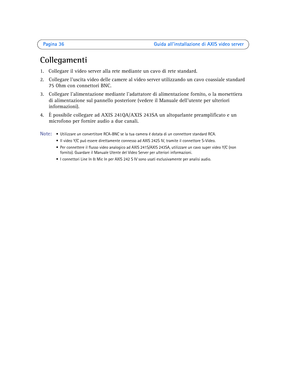 Collegamenti | Axis Communications Axis Video Server AXIS 242S IV User Manual | Page 36 / 54