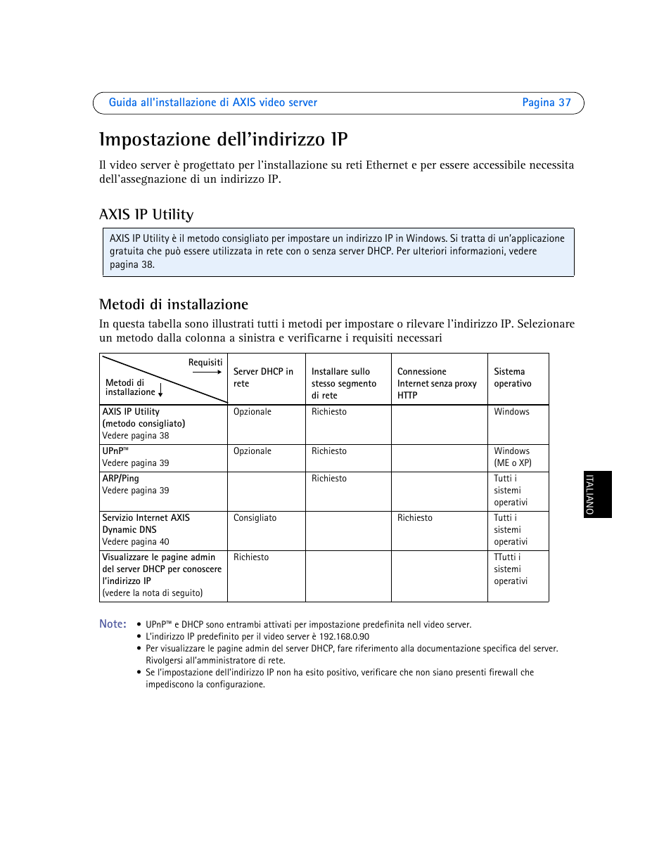 Impostazione dell'indirizzo ip, Axis ip utility metodi di installazione | Axis Communications Axis Video Server AXIS 242S IV User Manual | Page 37 / 54