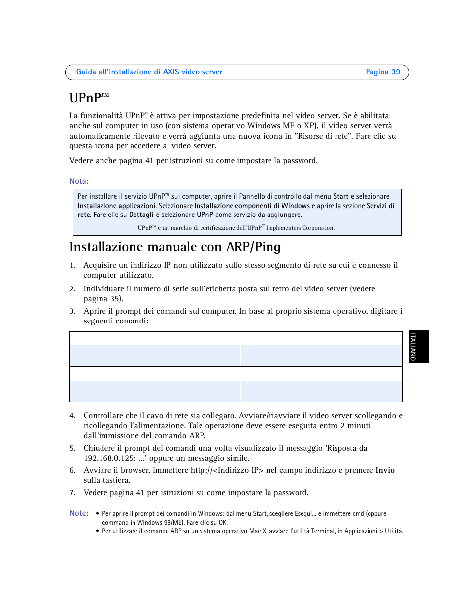 Upnp, Installazione manuale con arp/ping | Axis Communications Axis Video Server AXIS 242S IV User Manual | Page 39 / 54