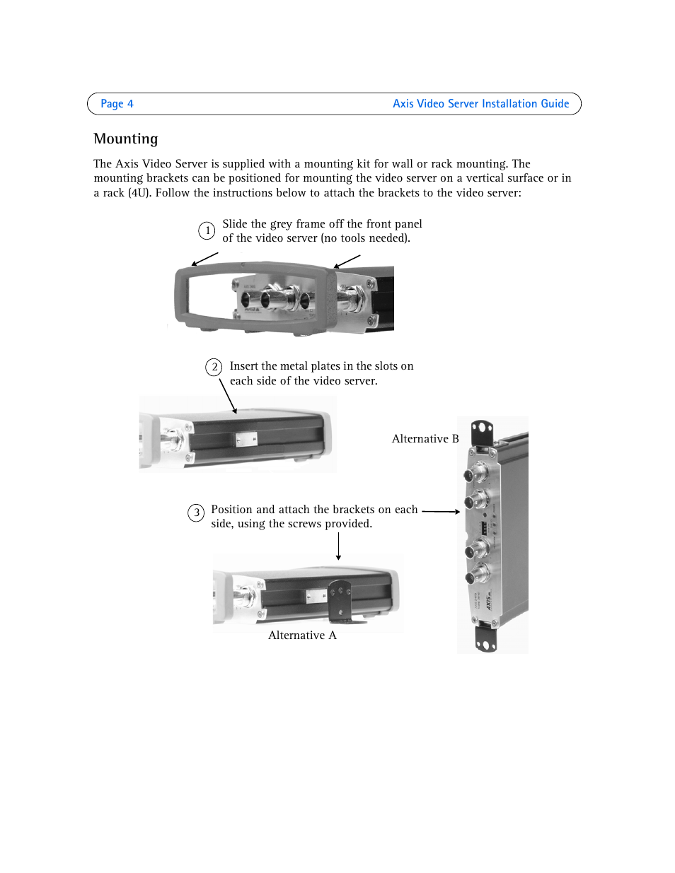 Mounting | Axis Communications Axis Video Server AXIS 242S IV User Manual | Page 4 / 54