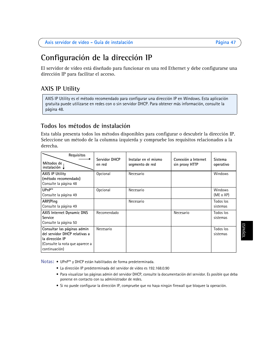 Configuración de la dirección ip, Axis ip utility todos los métodos de instalación | Axis Communications Axis Video Server AXIS 242S IV User Manual | Page 47 / 54