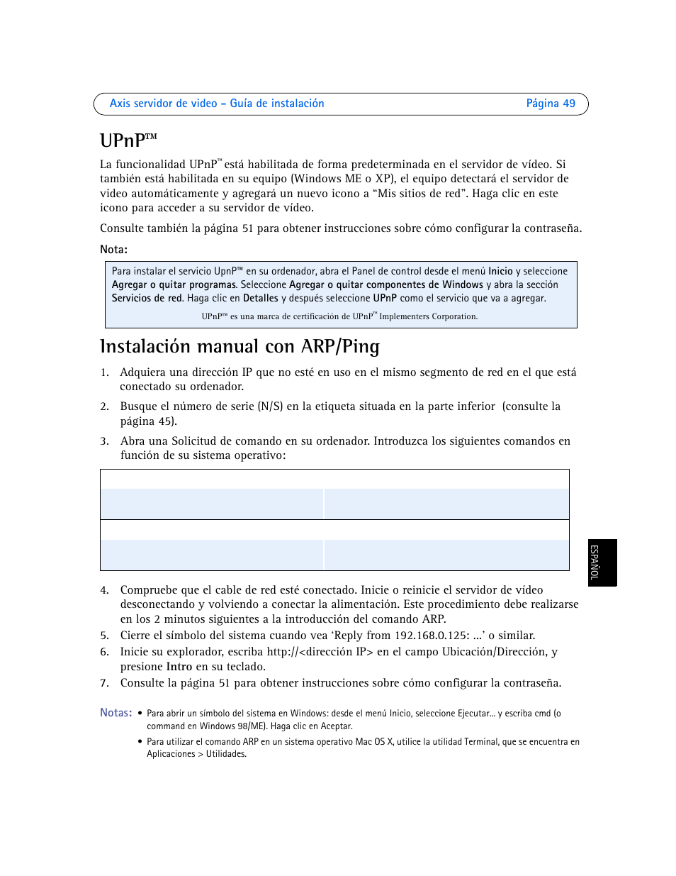 Upnp, Instalación manual con arp/ping | Axis Communications Axis Video Server AXIS 242S IV User Manual | Page 49 / 54