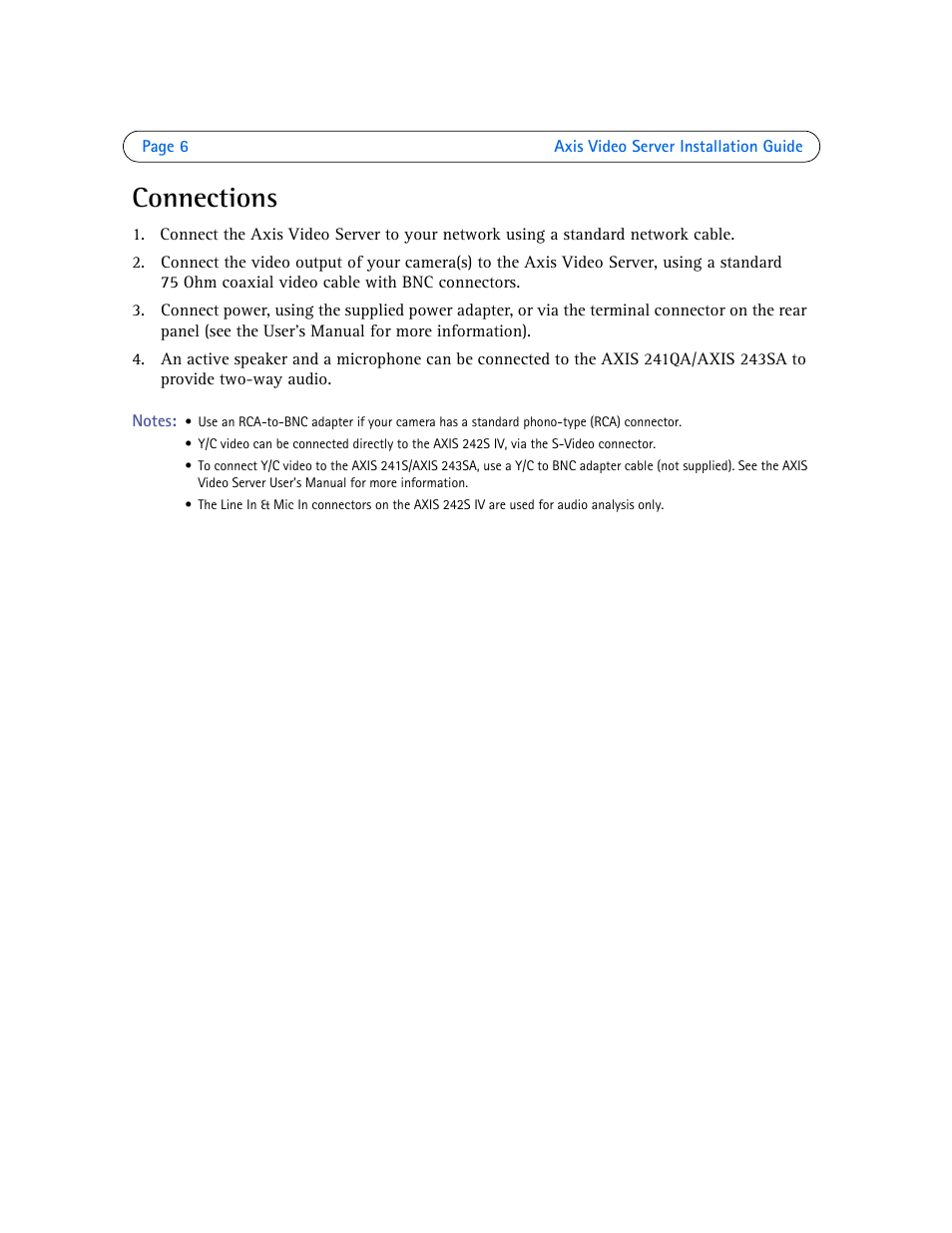 Connections | Axis Communications Axis Video Server AXIS 242S IV User Manual | Page 6 / 54