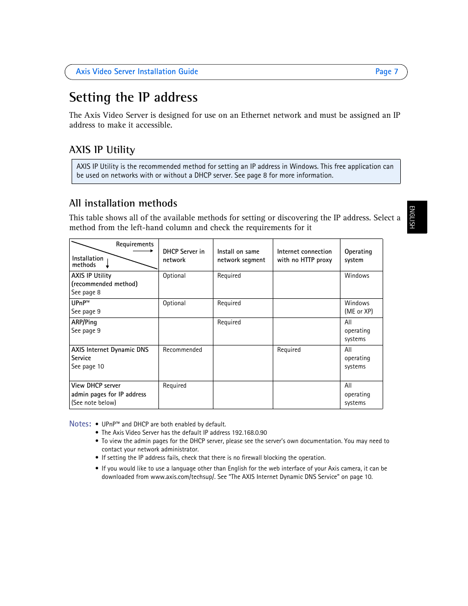 Setting the ip address, Axis ip utility all installation methods | Axis Communications Axis Video Server AXIS 242S IV User Manual | Page 7 / 54