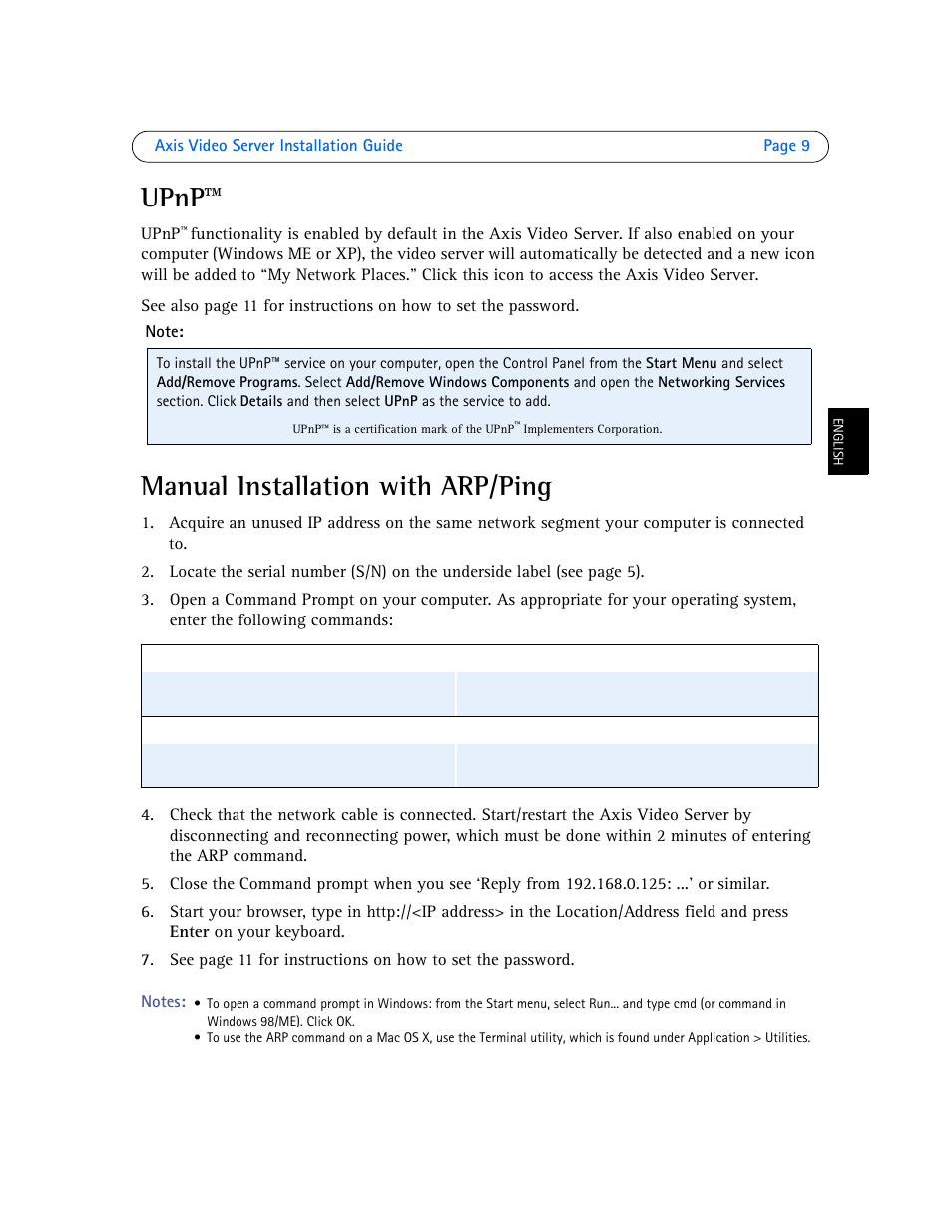 Upnp, Manual installation with arp/ping | Axis Communications Axis Video Server AXIS 242S IV User Manual | Page 9 / 54