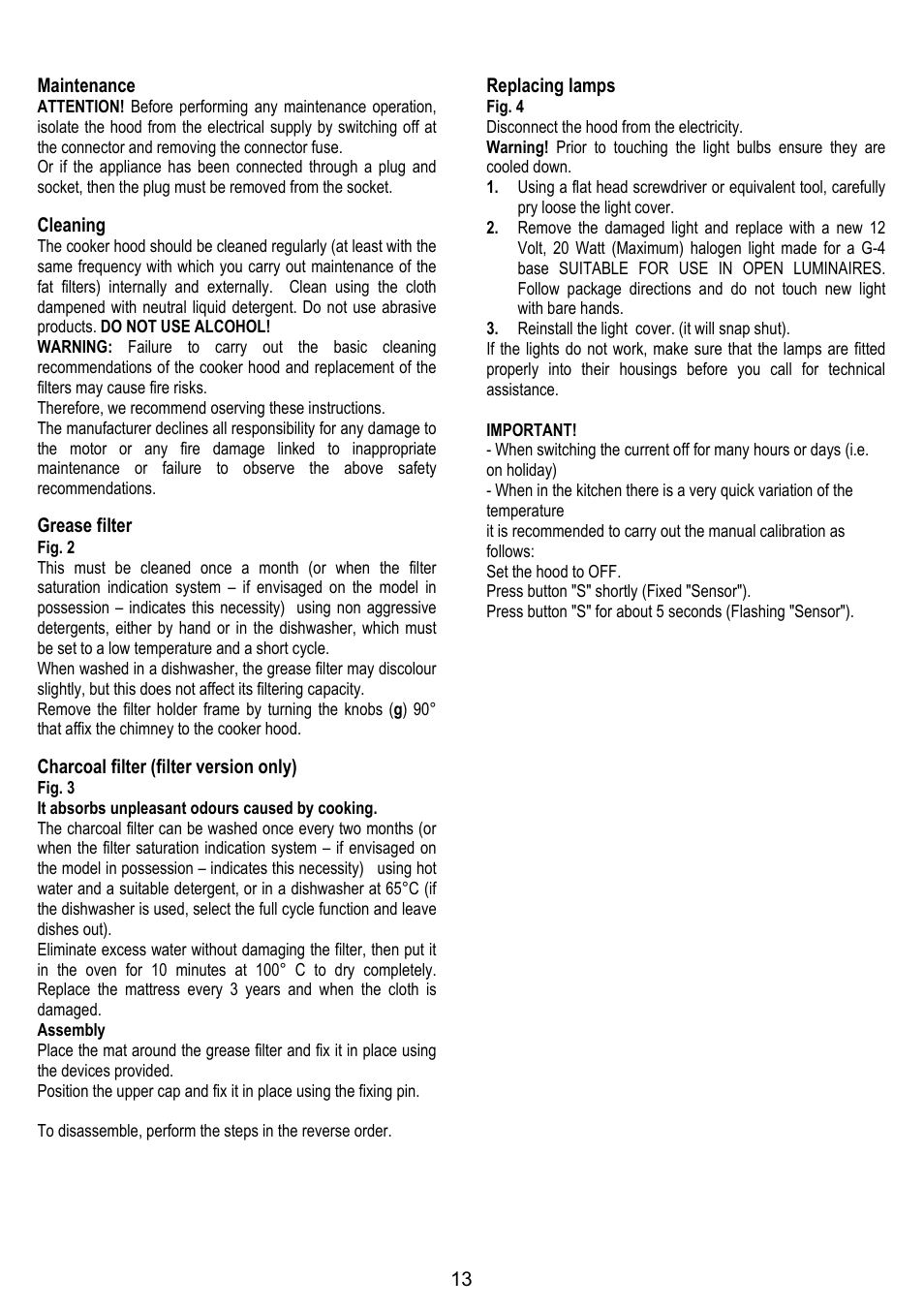 13 maintenance, Cleaning, Grease filter | Charcoal filter (filter version only), Replacing lamps | Fagor CFB-90AX User Manual | Page 13 / 64