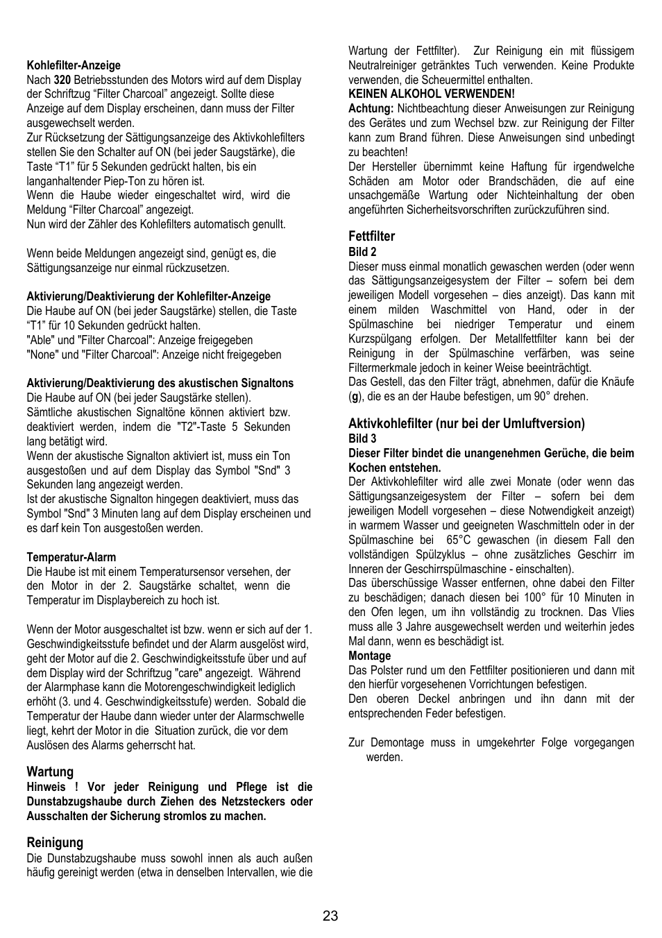 Wartung, Reinigung, Fettfilter | Aktivkohlefilter (nur bei der umluftversion) | Fagor CFB-90AX User Manual | Page 23 / 64