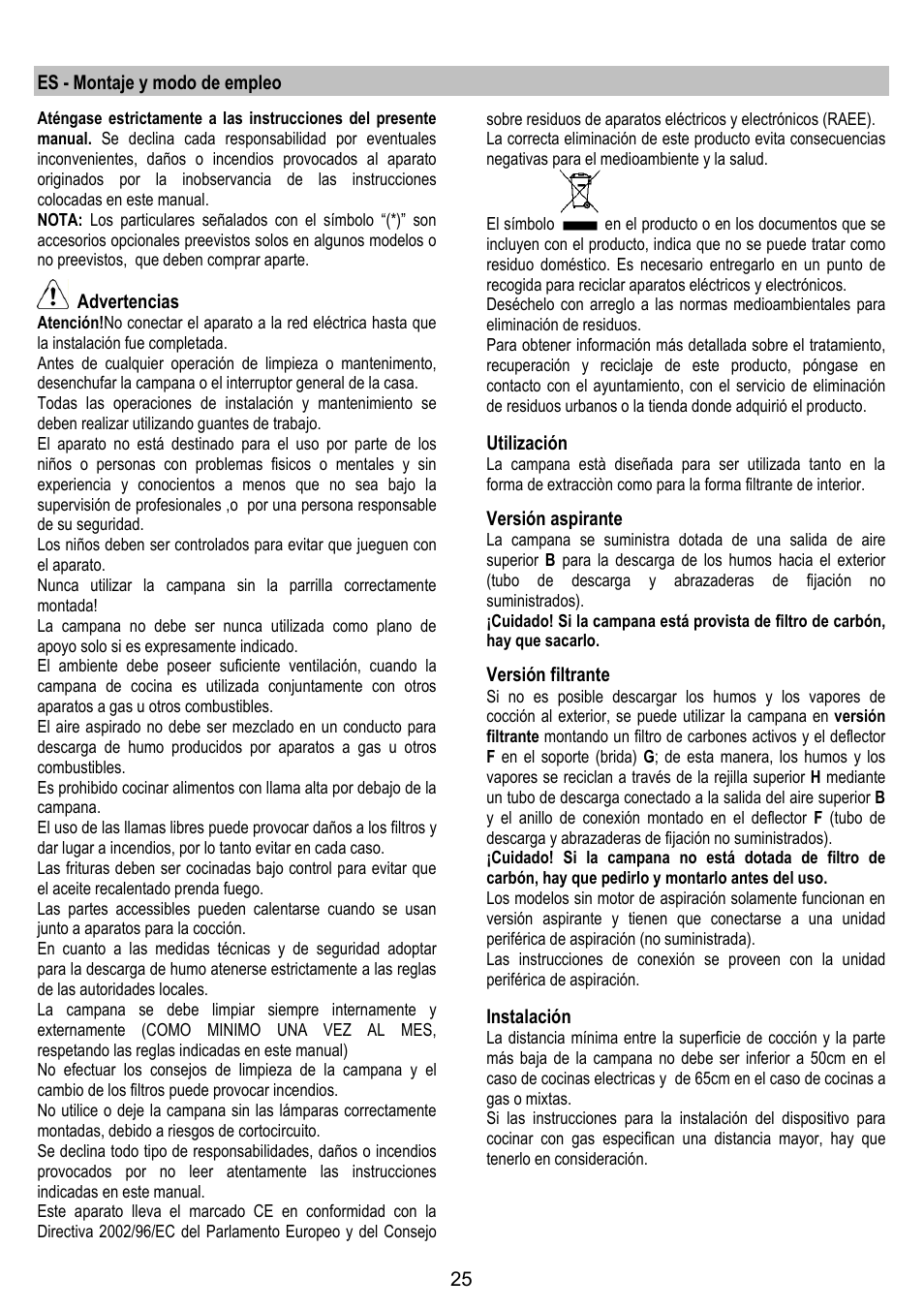 Es - montaje y modo de empleo, Advertencias, Utilización | Versión aspirante, Versión filtrante, Instalación | Fagor CFB-90AX User Manual | Page 25 / 64