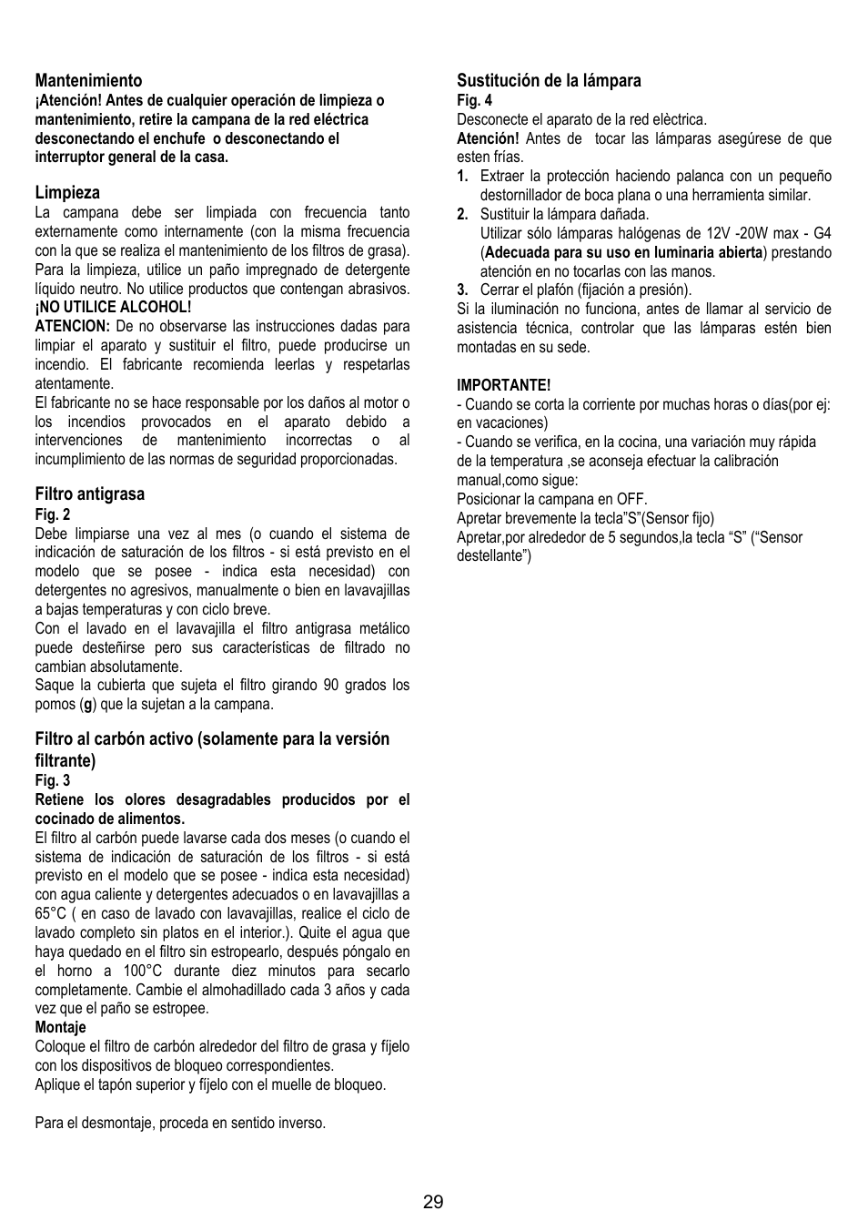 29 mantenimiento, Limpieza, Filtro antigrasa | Sustitución de la lámpara | Fagor CFB-90AX User Manual | Page 29 / 64