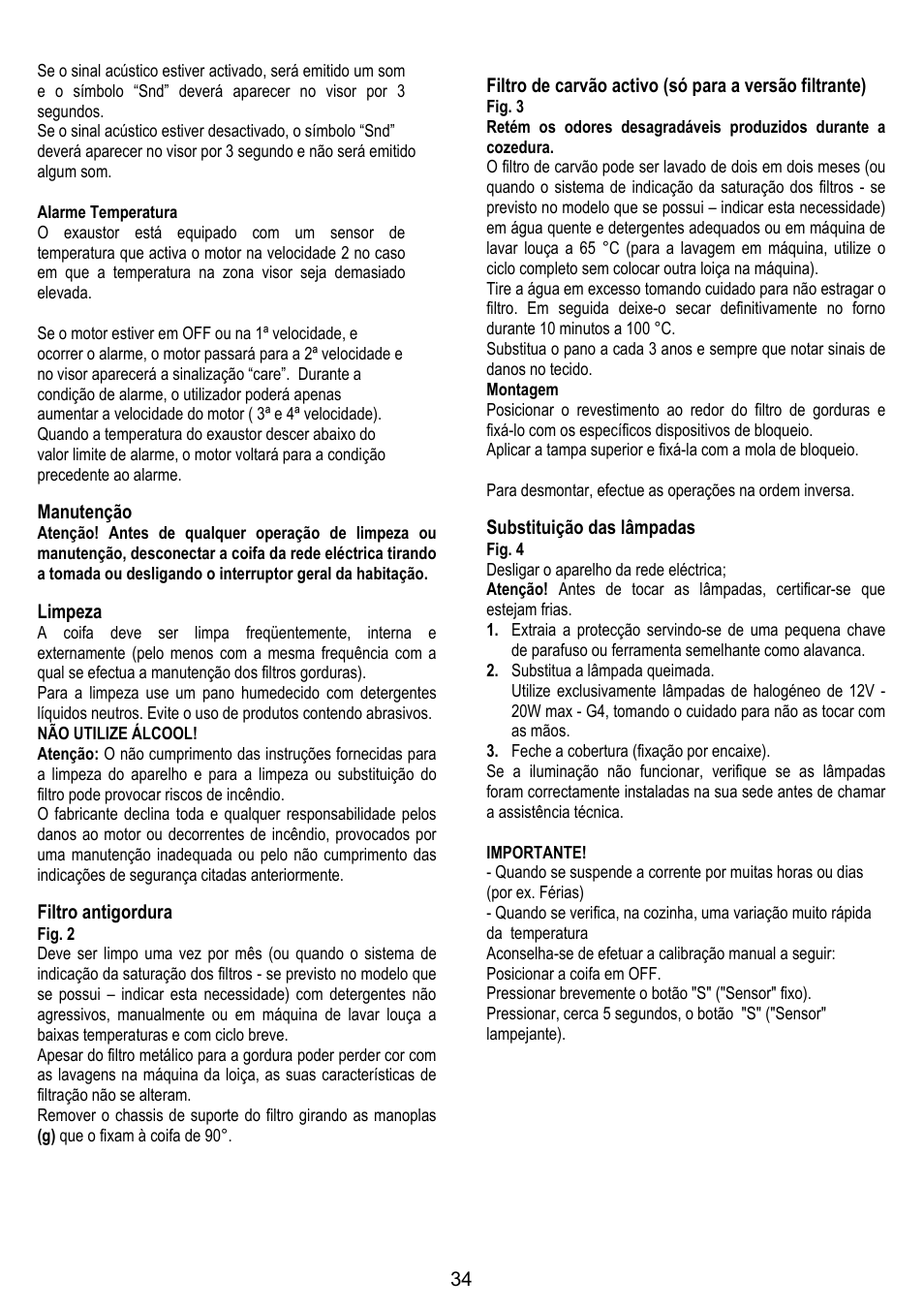 Manutenção, Limpeza, Filtro antigordura | Substituição das lâmpadas | Fagor CFB-90AX User Manual | Page 34 / 64