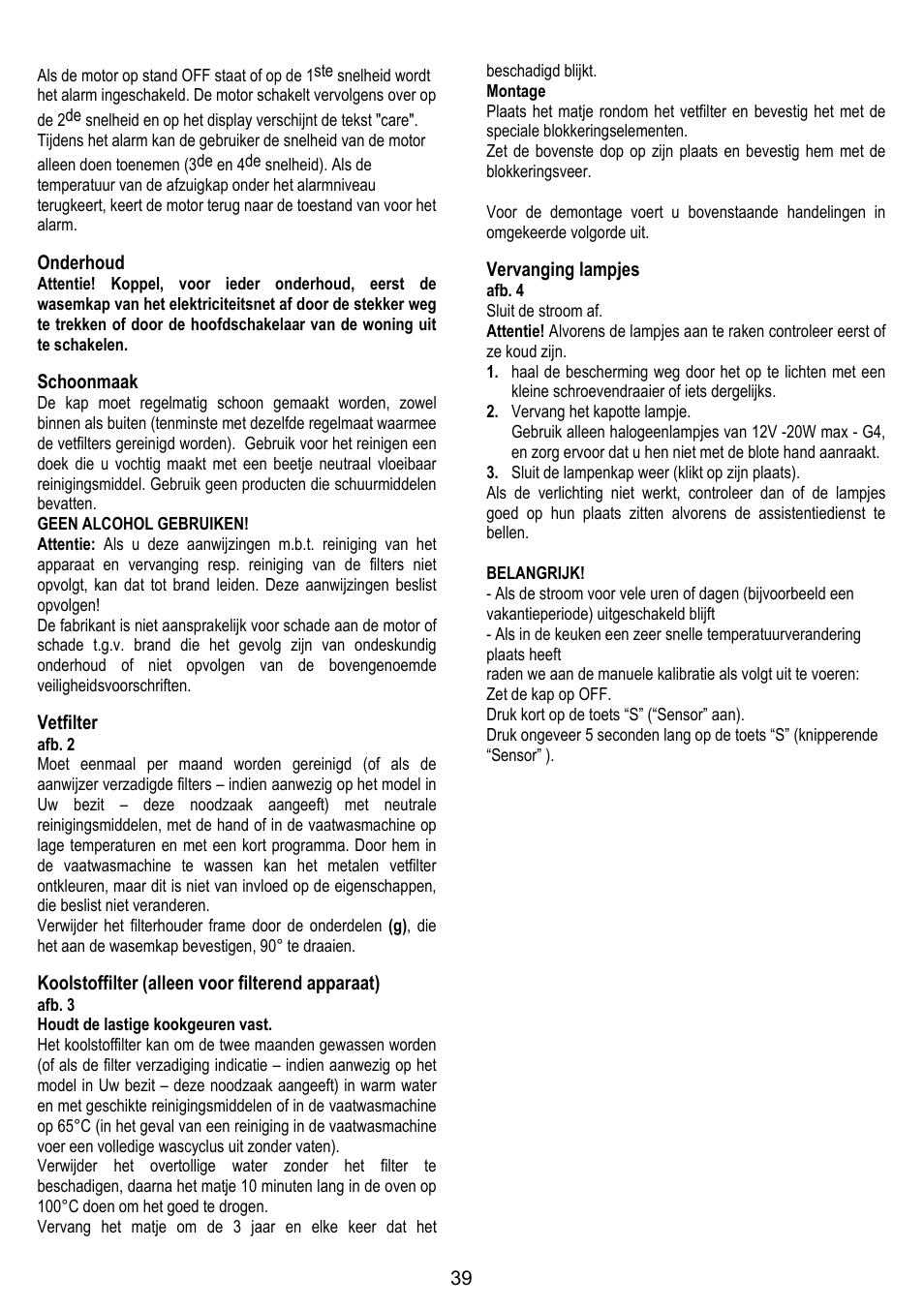 Onderhoud, Schoonmaak, Vetfilter | Koolstoffilter (alleen voor filterend apparaat), Vervanging lampjes | Fagor CFB-90AX User Manual | Page 39 / 64