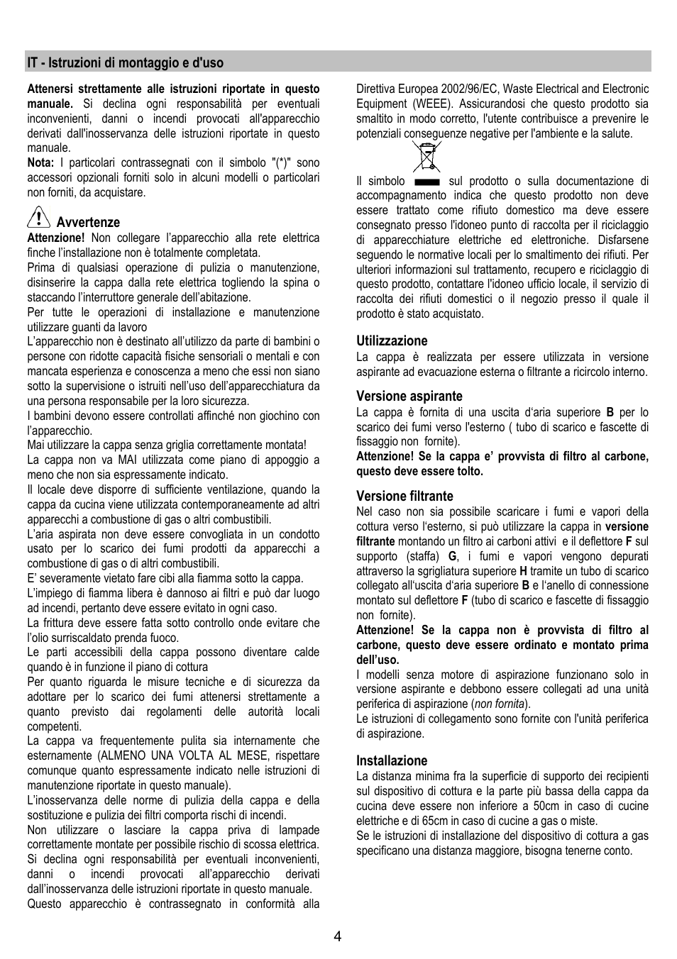 It - istruzioni di montaggio e d'uso, Avvertenze, Utilizzazione | Versione aspirante, Versione filtrante, Installazione | Fagor CFB-90AX User Manual | Page 4 / 64