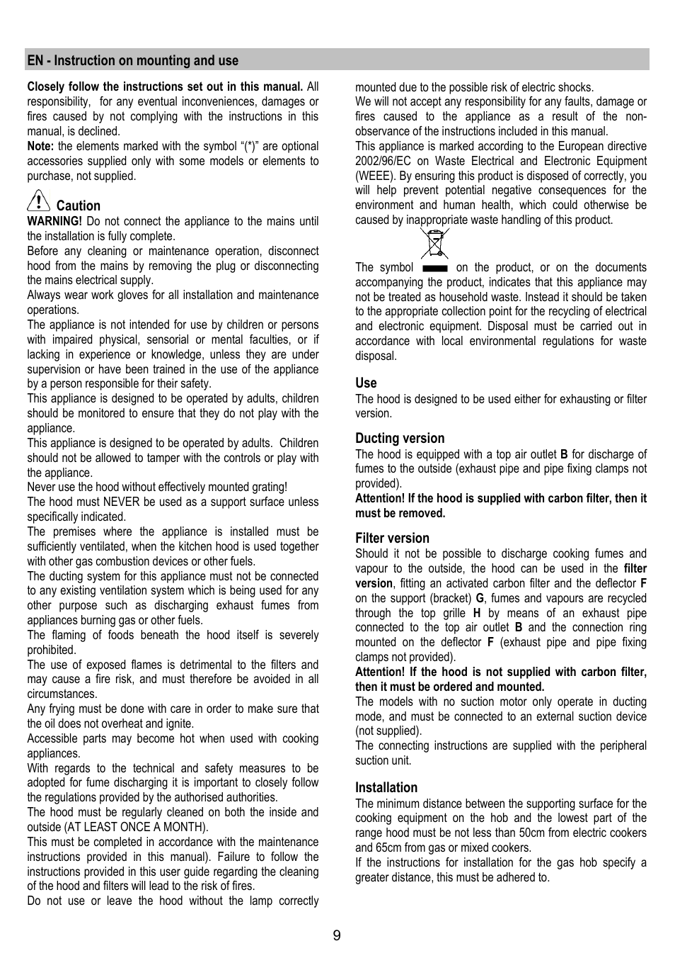 En - instruction on mounting and use, Caution, Ducting version | Filter version, Installation | Fagor CFB-90AX User Manual | Page 9 / 64