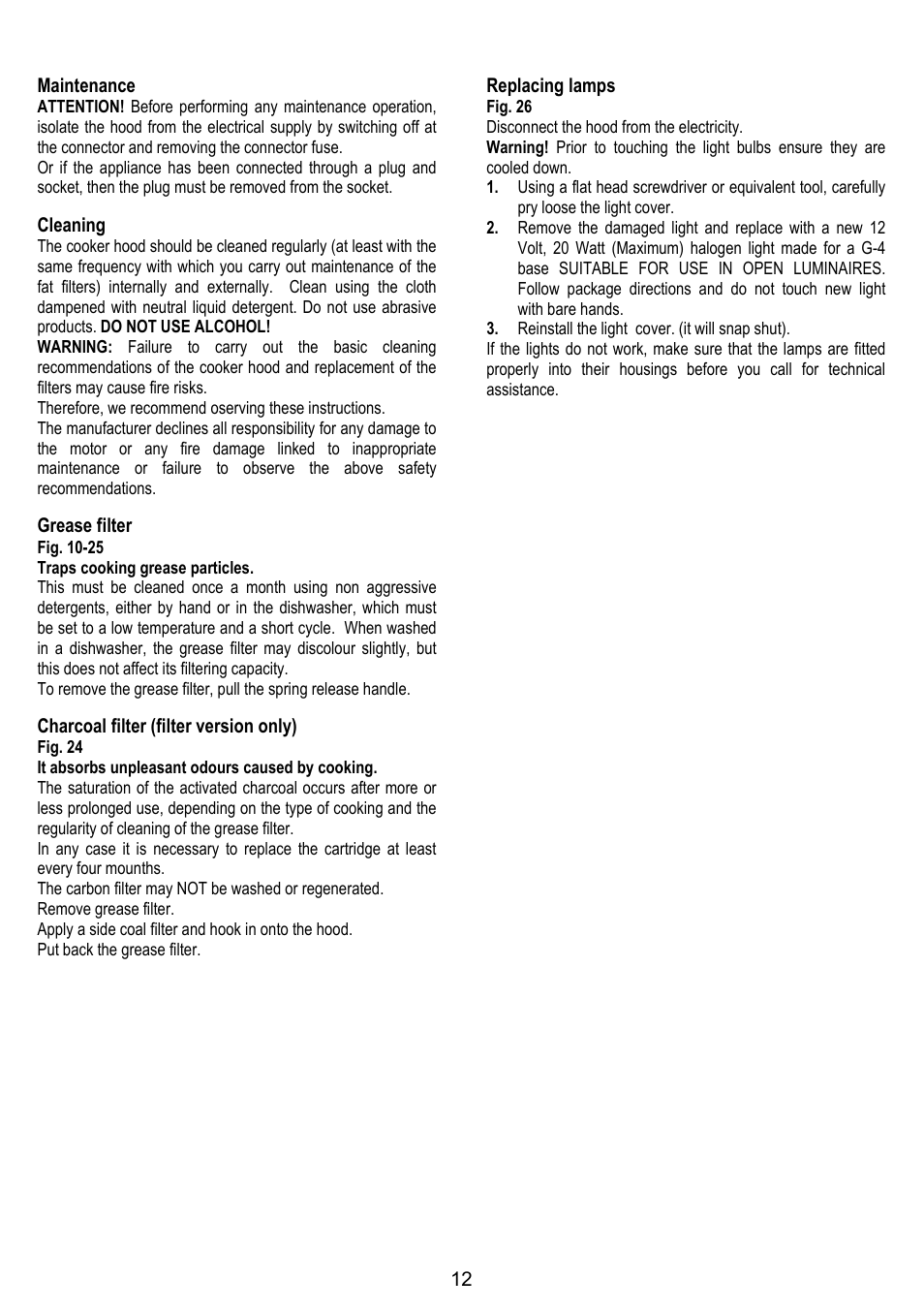 12 maintenance, Cleaning, Grease filter | Charcoal filter (filter version only), Replacing lamps | Fagor CFP-60AX User Manual | Page 12 / 40