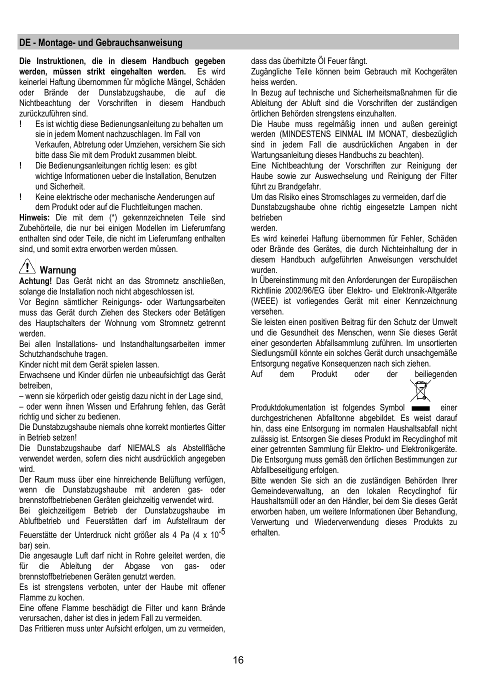 De - montage- und gebrauchsanweisung, Warnung | Fagor CFP-60AX User Manual | Page 16 / 40