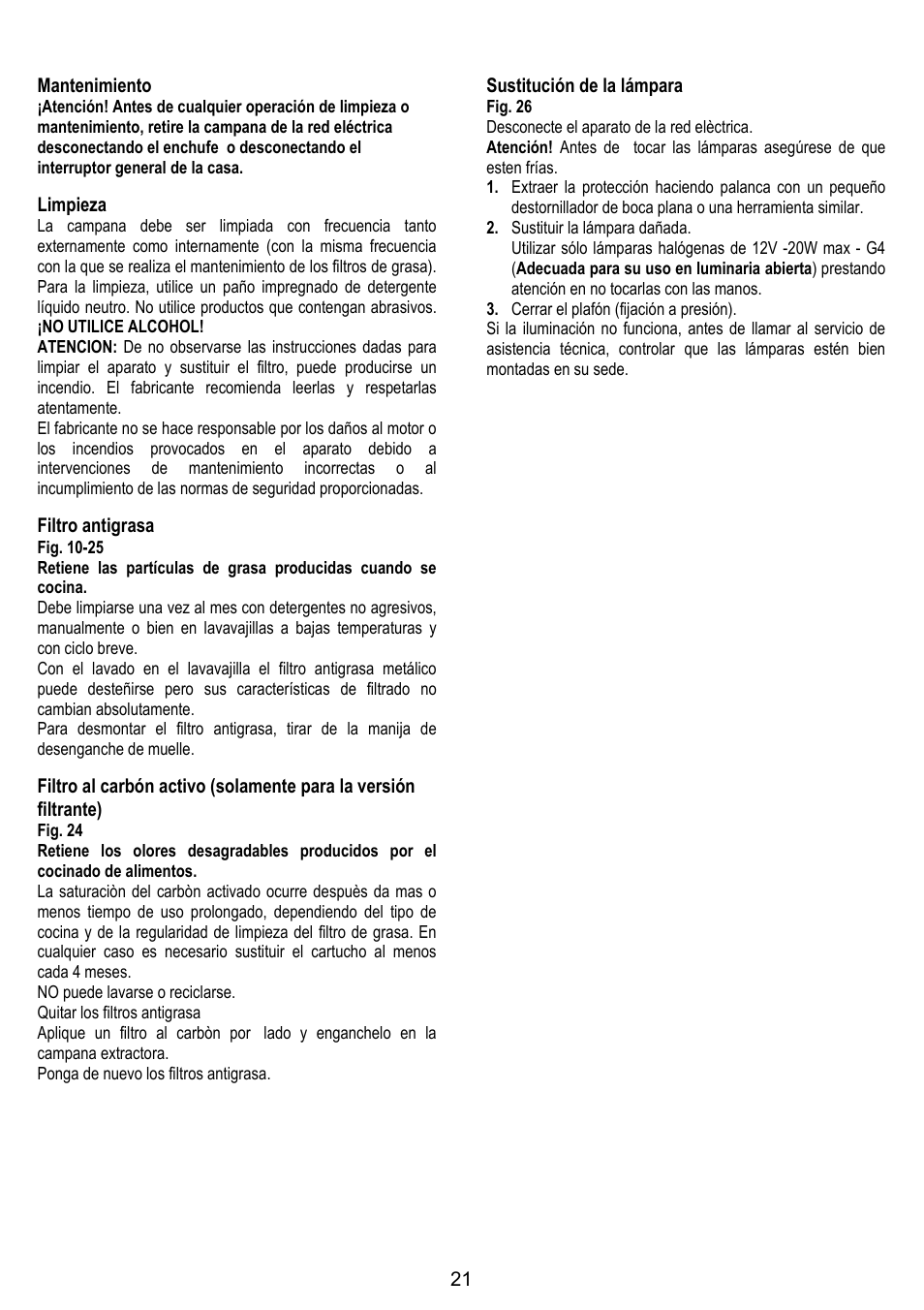 21 mantenimiento, Limpieza, Filtro antigrasa | Sustitución de la lámpara | Fagor CFP-60AX User Manual | Page 21 / 40