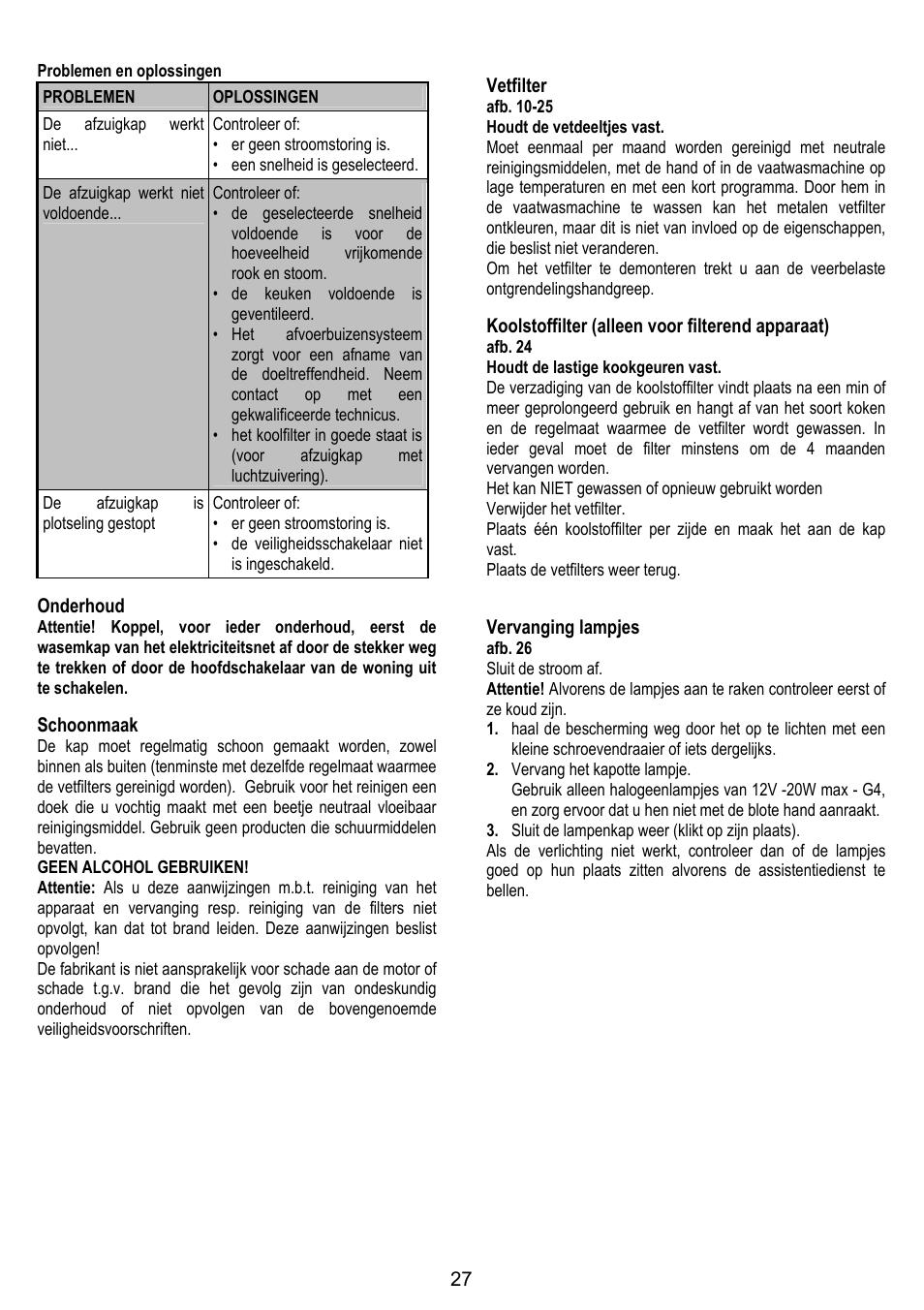 Onderhoud, Schoonmaak, Vetfilter | Koolstoffilter (alleen voor filterend apparaat), Vervanging lampjes | Fagor CFP-60AX User Manual | Page 27 / 40