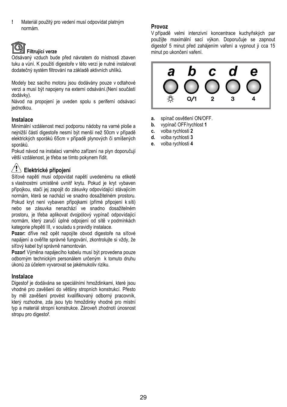 Instalace, Elektrické připojení, Provoz | Fagor CFP-60AX User Manual | Page 29 / 40