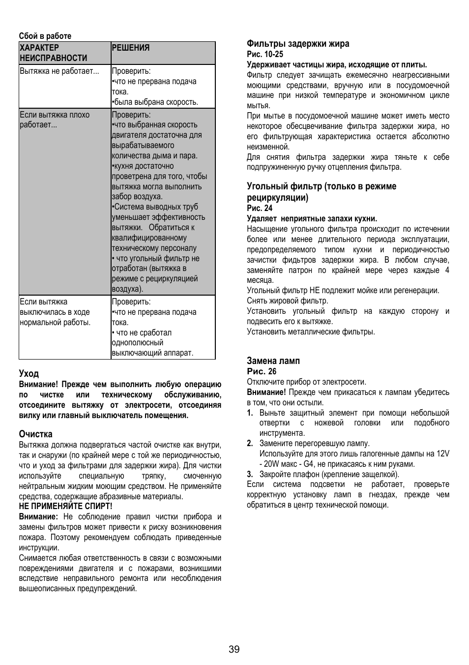 Уход, Очистка, Фильтры задержки жира | Угольный фильтр (только в режиме рециркуляции), Замена ламп | Fagor CFP-60AX User Manual | Page 39 / 40