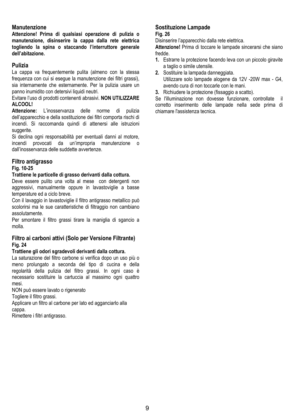 9manutenzione, Pulizia, Filtro antigrasso | Sostituzione lampade | Fagor CFP-60AX User Manual | Page 9 / 40