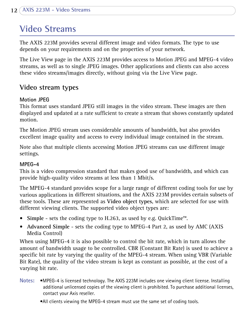 Video streams, Video stream types | Axis Communications AXIS 223M User Manual | Page 12 / 70