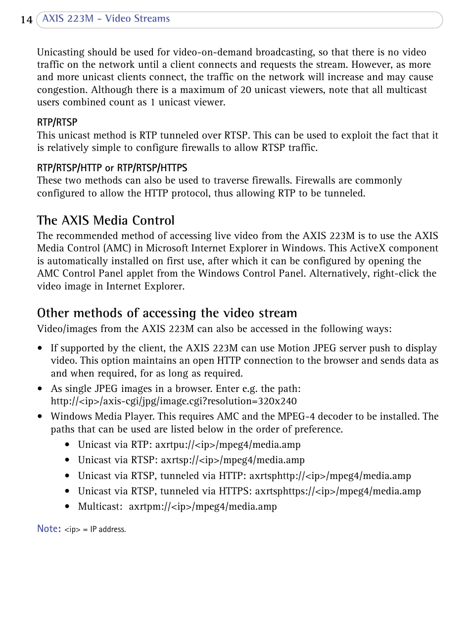 The axis media control, Other methods of accessing the video stream | Axis Communications AXIS 223M User Manual | Page 14 / 70