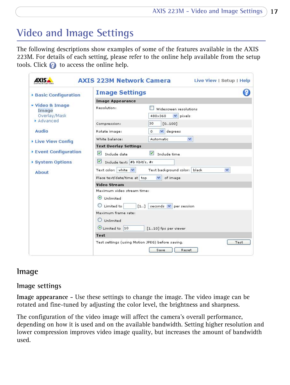 Video and image settings, Image | Axis Communications AXIS 223M User Manual | Page 17 / 70