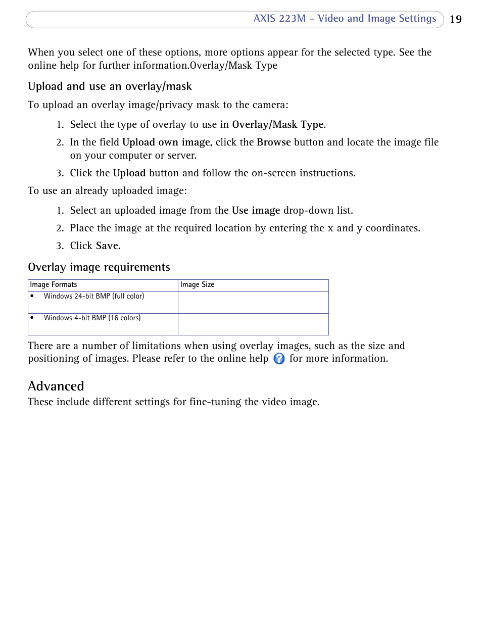 Advanced | Axis Communications AXIS 223M User Manual | Page 19 / 70