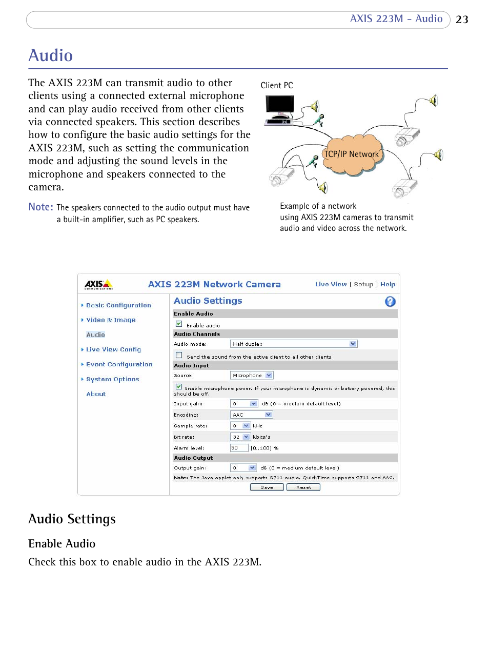 Audio, Audio settings | Axis Communications AXIS 223M User Manual | Page 23 / 70