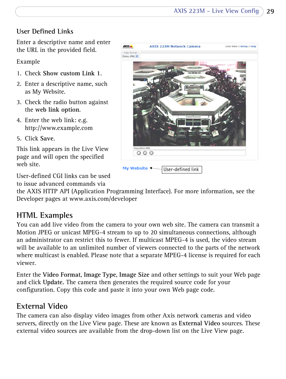 Html examples, External video, Html examples external video | Axis Communications AXIS 223M User Manual | Page 29 / 70