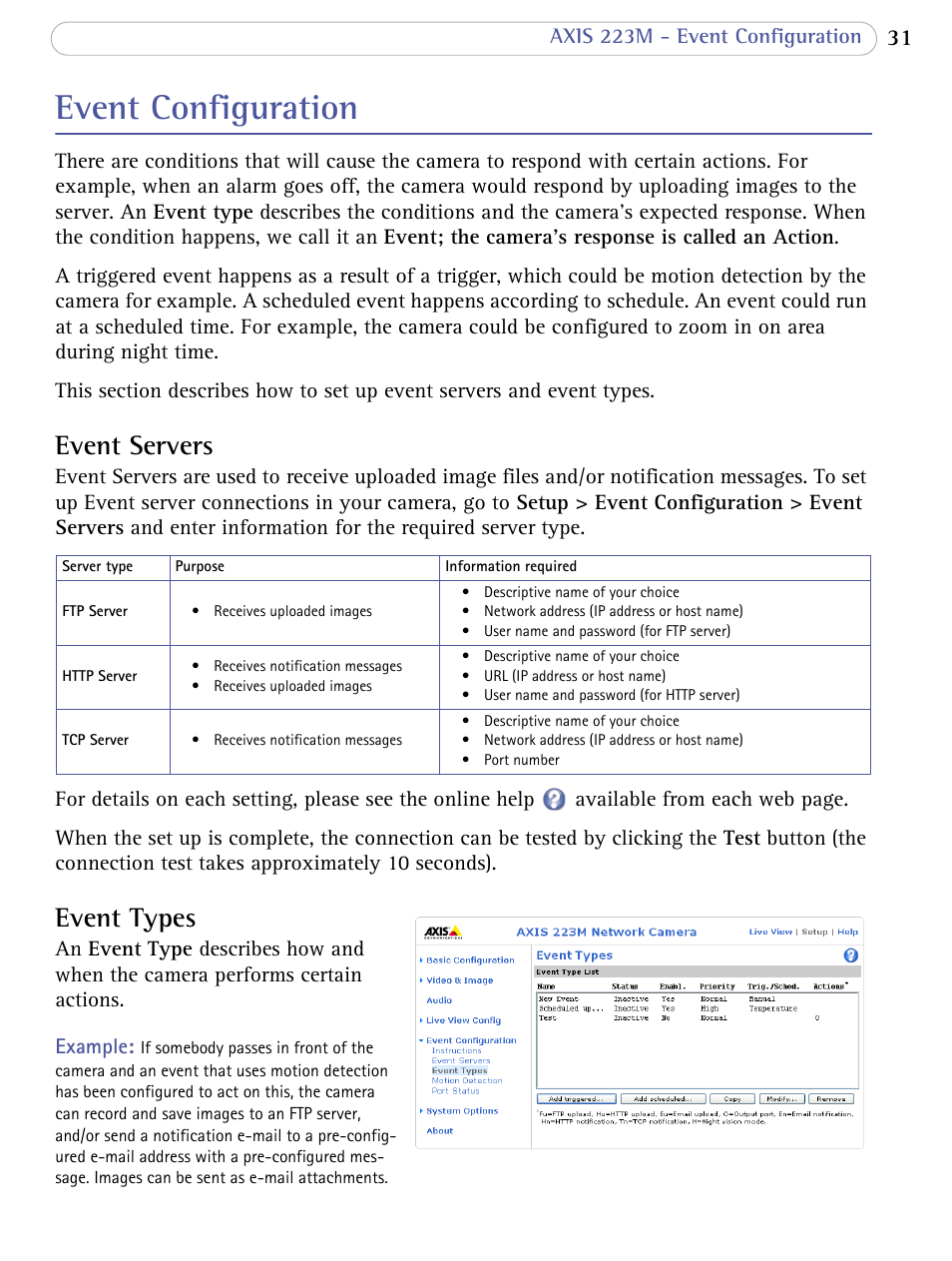 Event configuration, Event servers, Event types | Event servers event types | Axis Communications AXIS 223M User Manual | Page 31 / 70