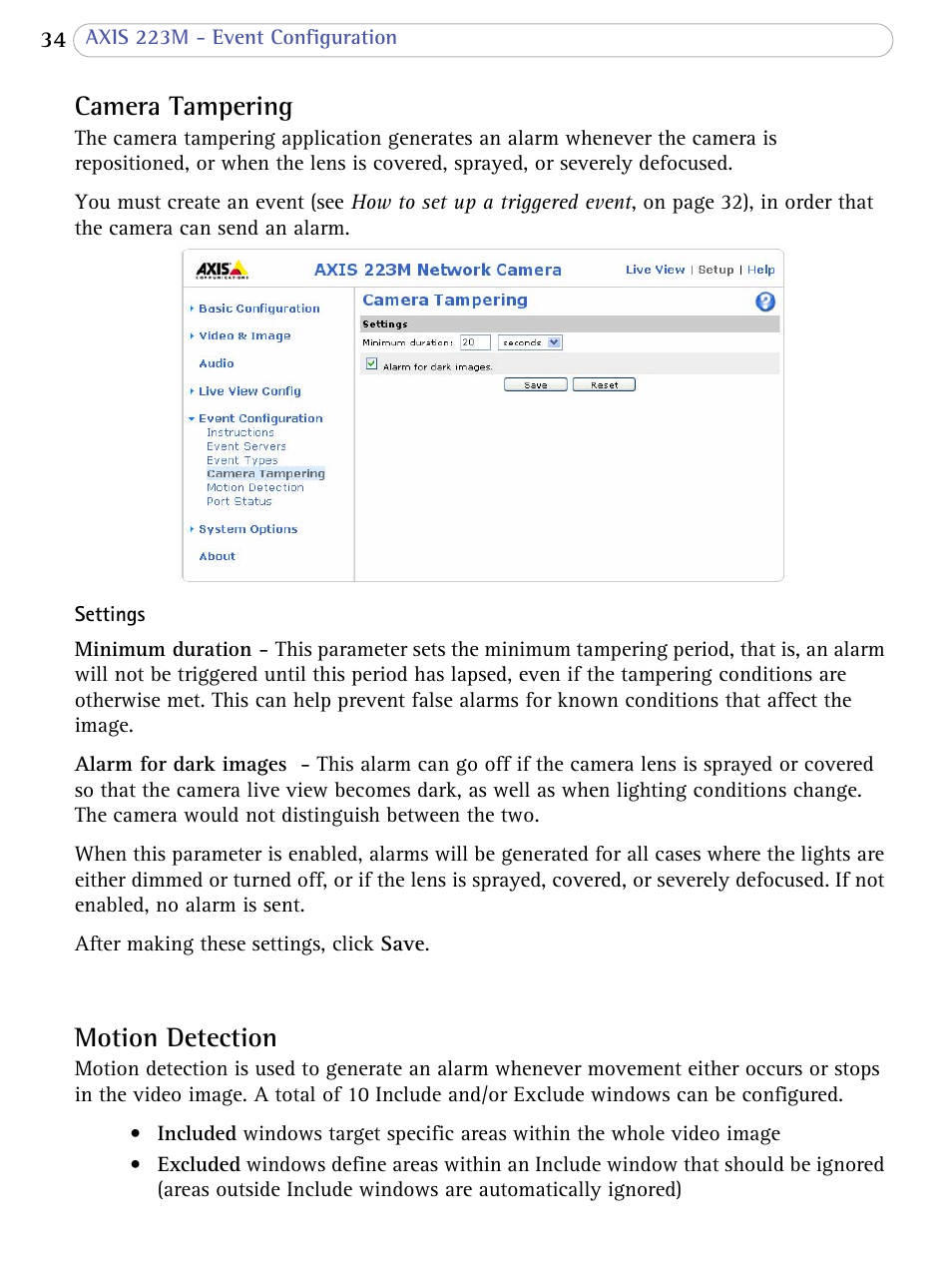 Camera tampering, Motion detection, Camera tampering motion detection | Axis Communications AXIS 223M User Manual | Page 34 / 70