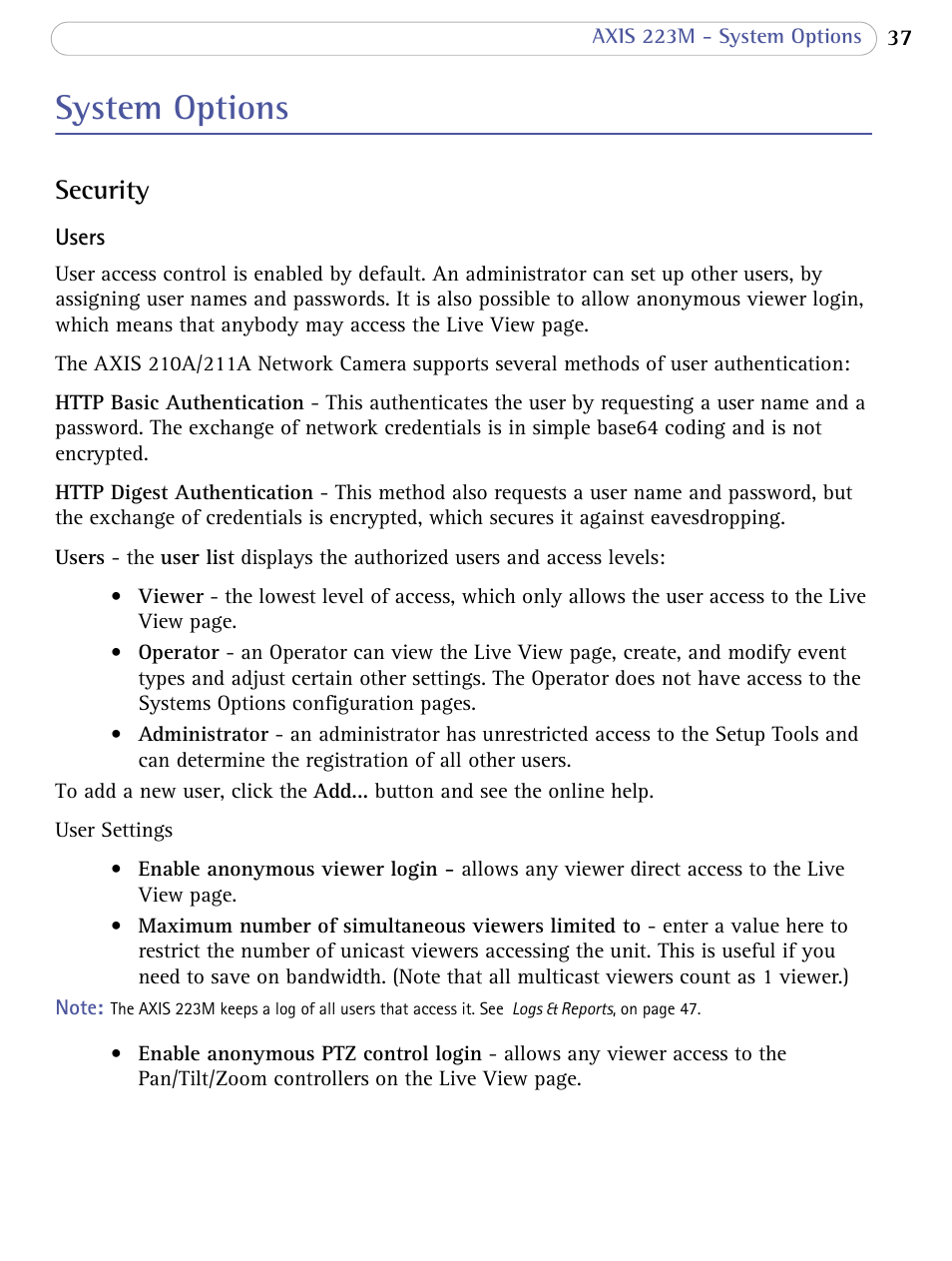 System options, Security | Axis Communications AXIS 223M User Manual | Page 37 / 70