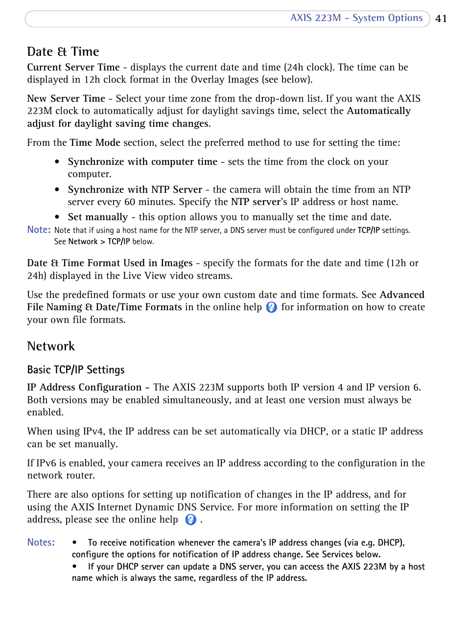 Date & time, Network, Date & time network | Axis Communications AXIS 223M User Manual | Page 41 / 70