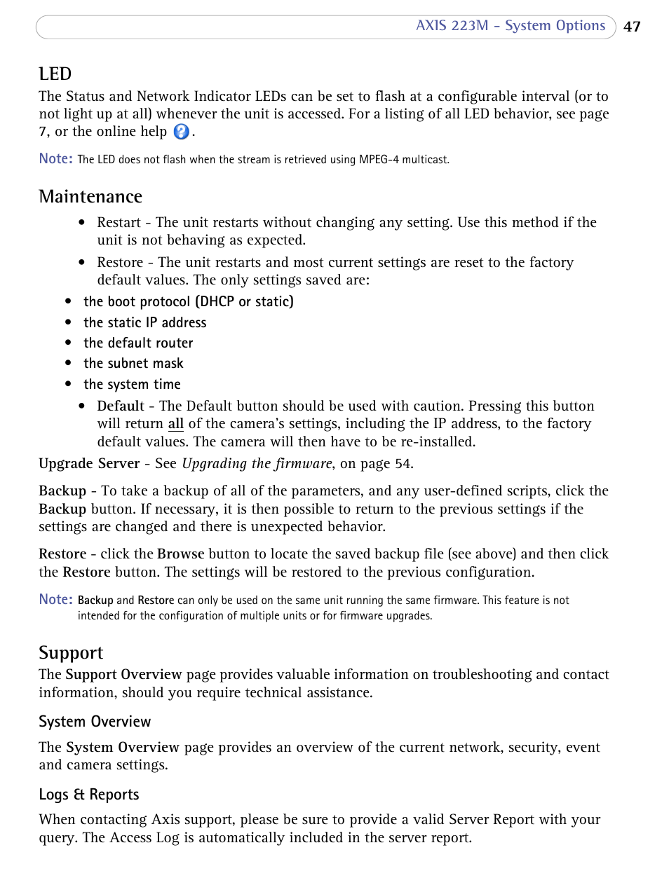 Maintenance, Support, Led maintenance support | Axis Communications AXIS 223M User Manual | Page 47 / 70